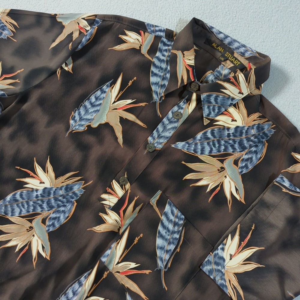 Alan Stuart Mens‎ Large Bird of Paradise Feather Print Shirt Brown Vintage Flaws
